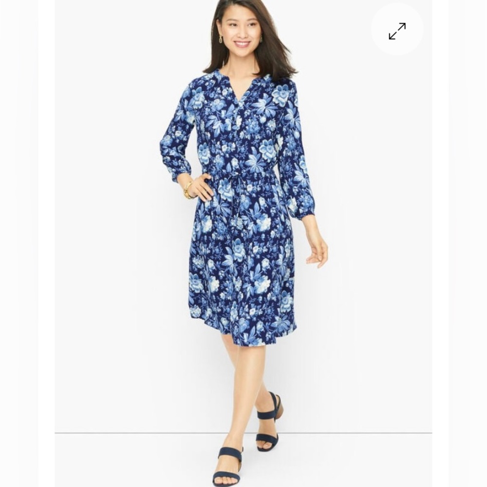 Tie waist shirt dress floral toile Talbots Petite